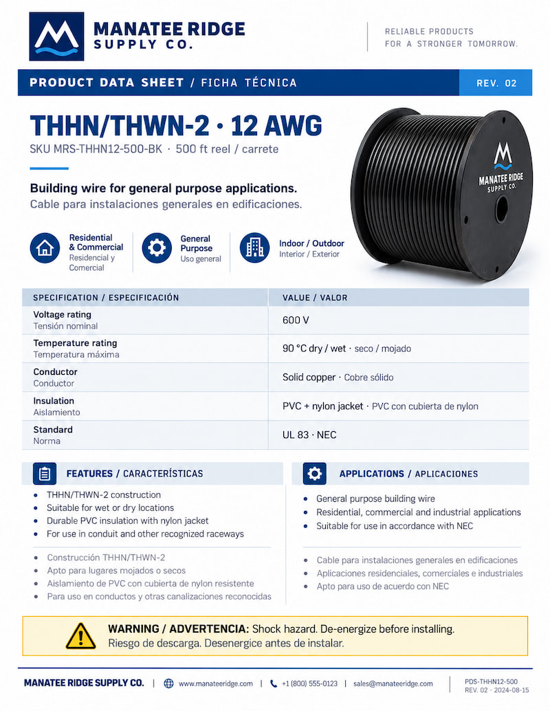 Sample bilingual data sheet for THHN/THWN-2 12 AWG wire from a fictional distributor