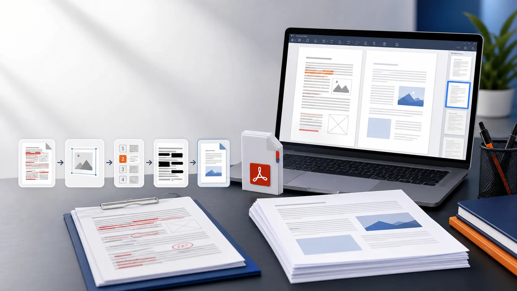 PDF documents being cleaned and edited on a professional desk