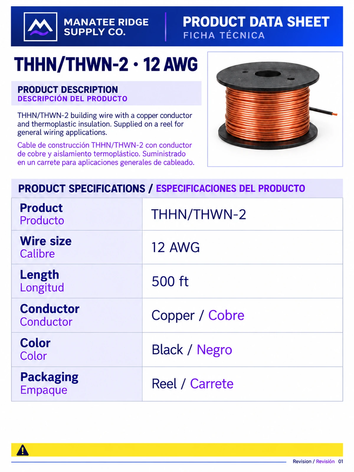 After redesign: bilingual THHN/THWN-2 12 AWG data sheet with Manatee Ridge Supply Co. branding.