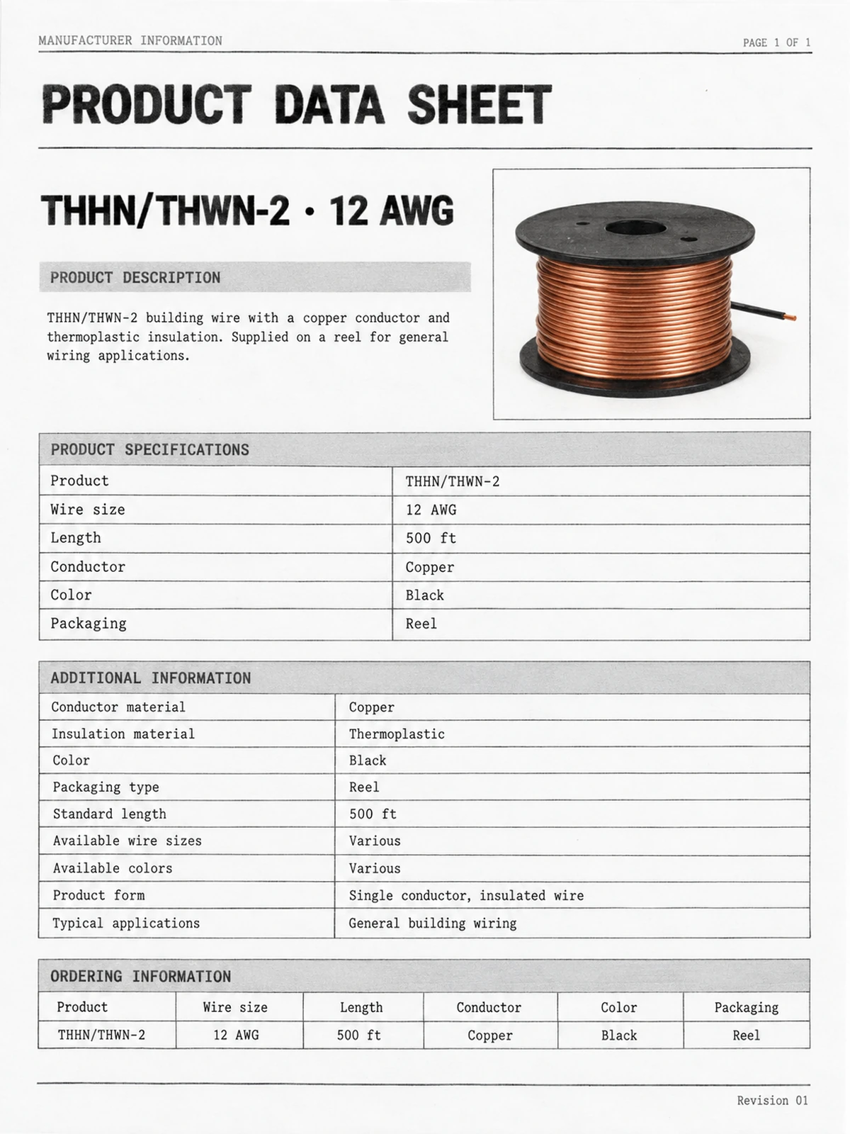 Before redesign: English-only THHN/THWN-2 12 AWG data sheet with a dense gray layout.