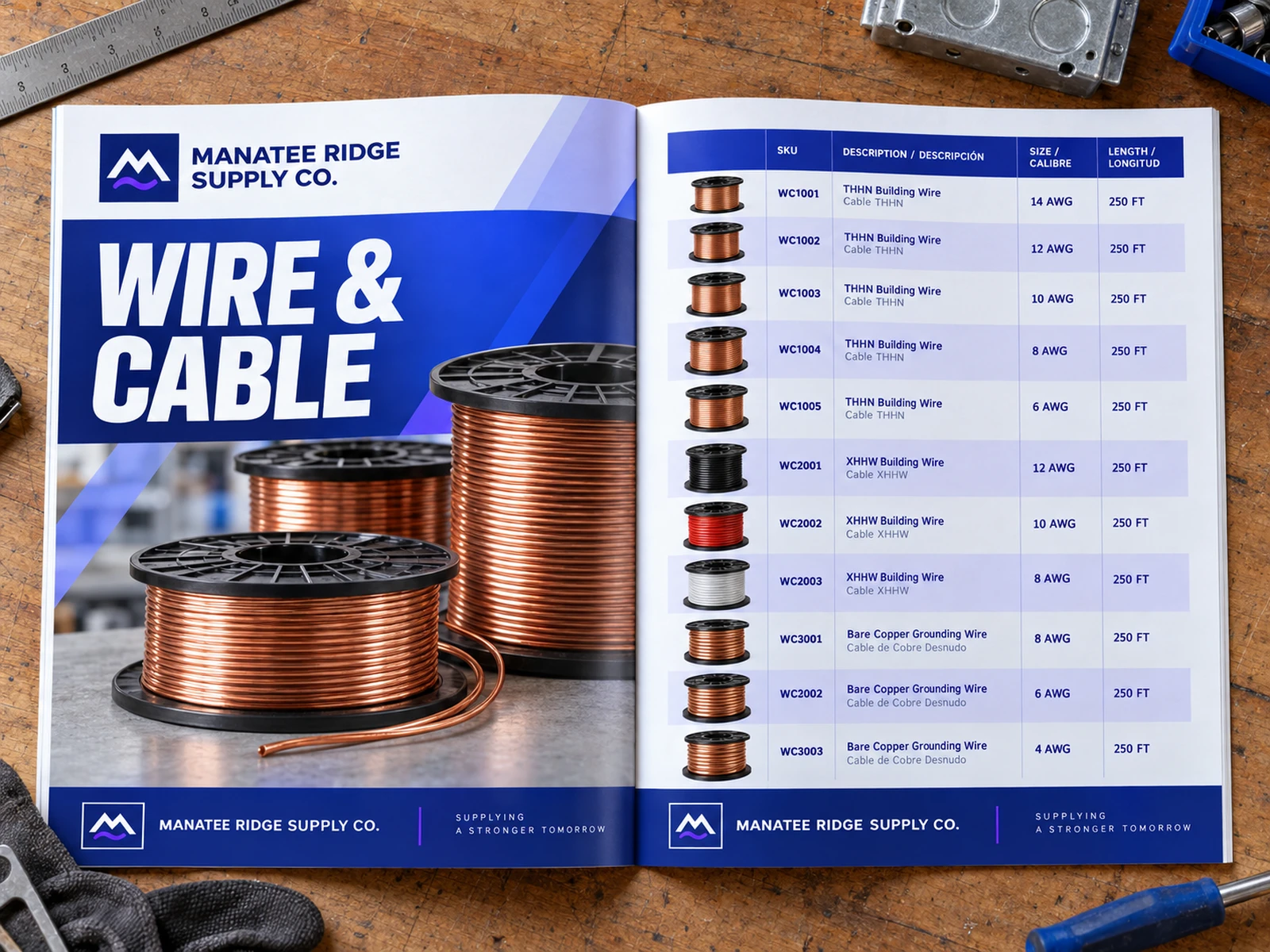 Open Manatee Ridge Supply Co. wire and cable catalog with a bilingual product table.