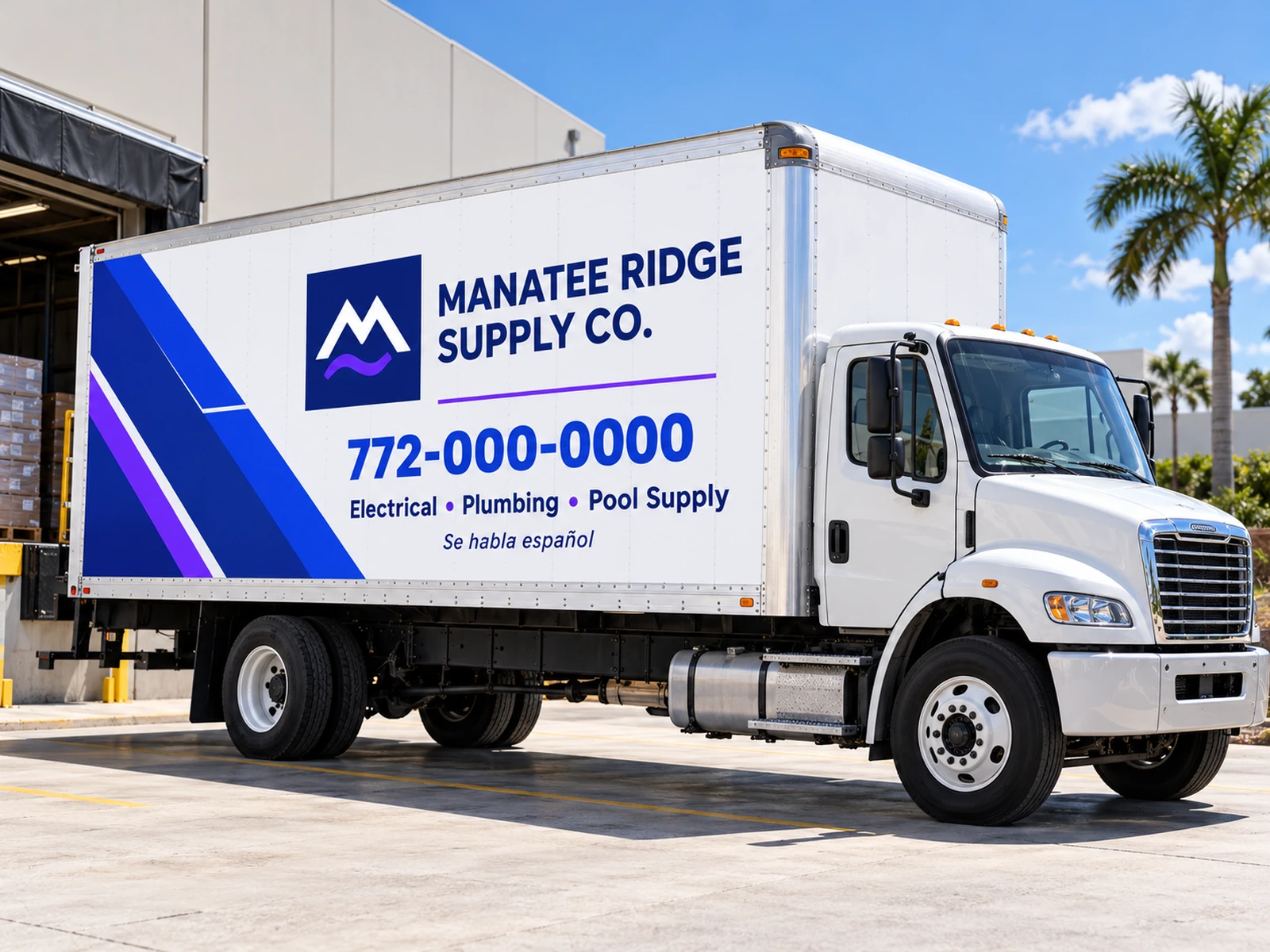 White Manatee Ridge Supply Co. delivery truck with blue and violet graphics at a loading dock.