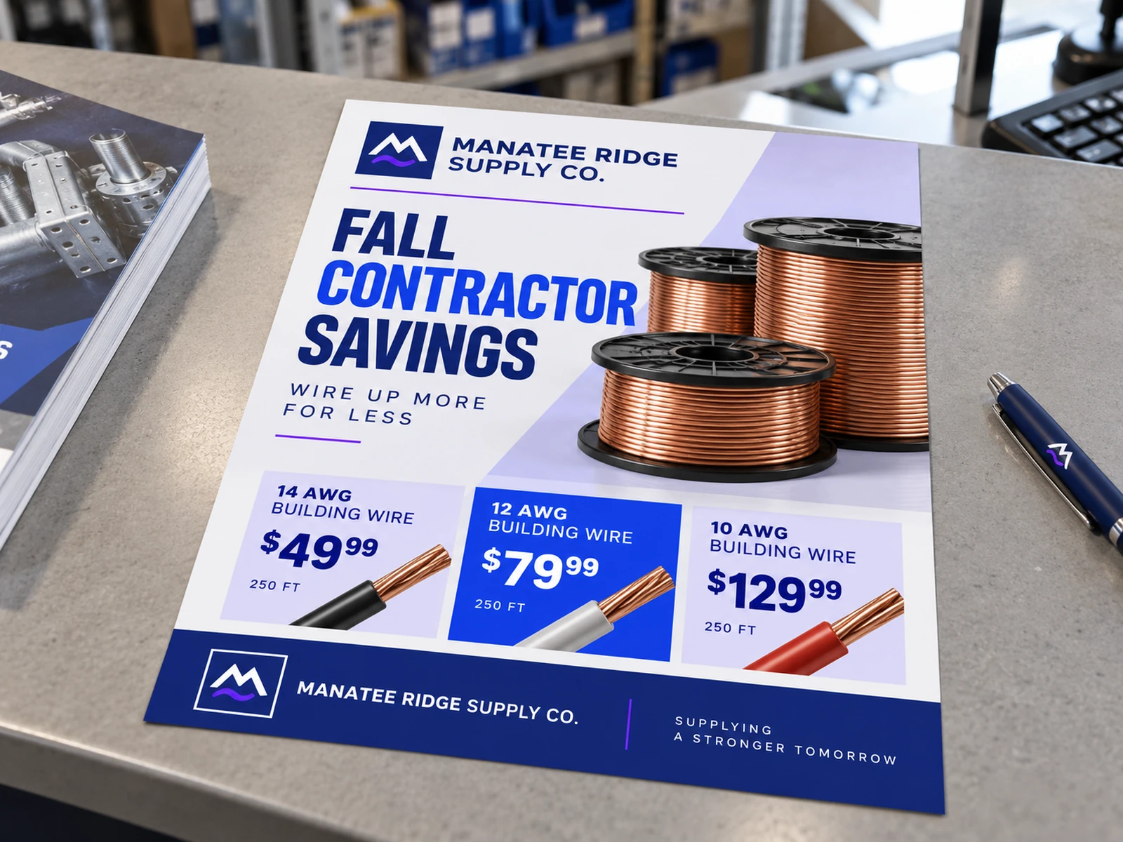 Promotional flyer for Manatee Ridge Supply Co. with copper wire reels and contractor offers.