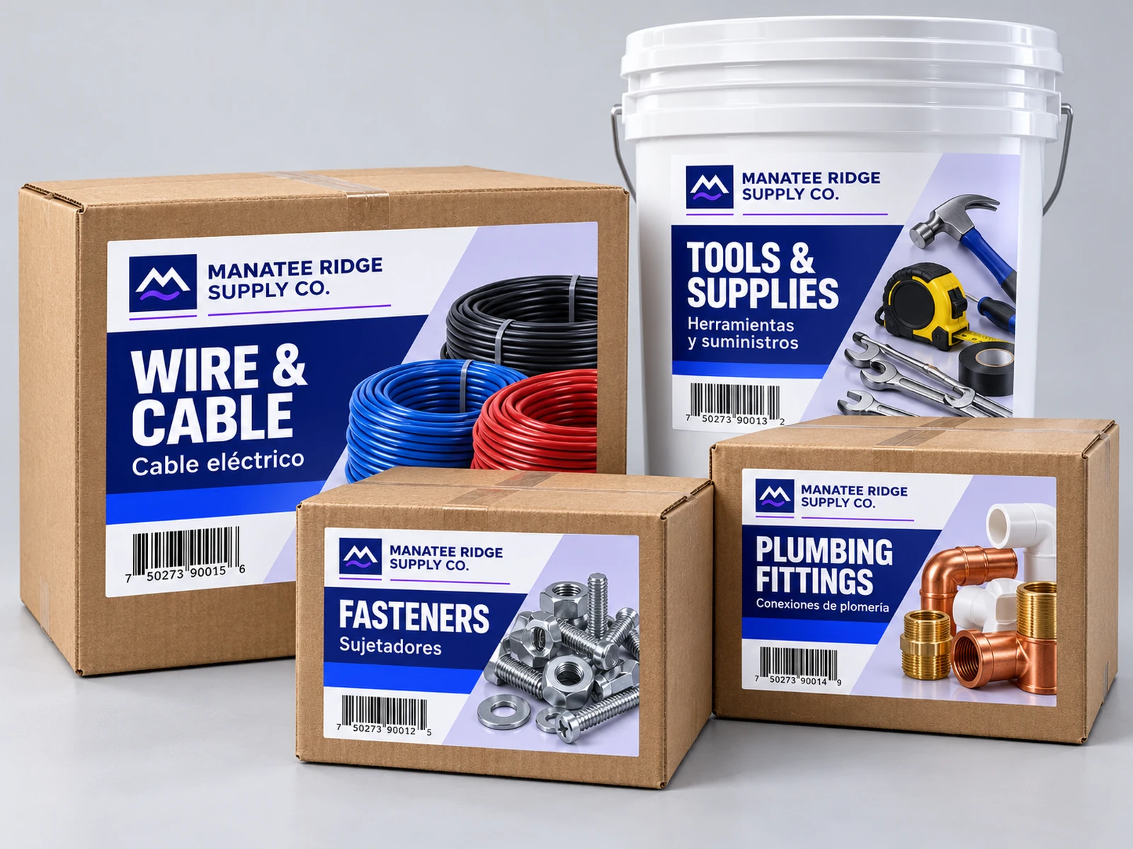 Boxes and a bucket with coordinated bilingual Manatee Ridge Supply Co. product labels.