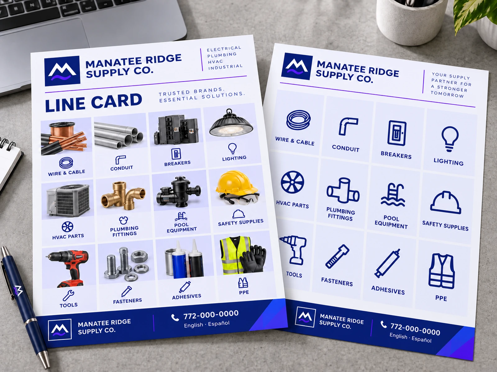 Manatee Ridge Supply Co. line card showing twelve industrial supply categories.