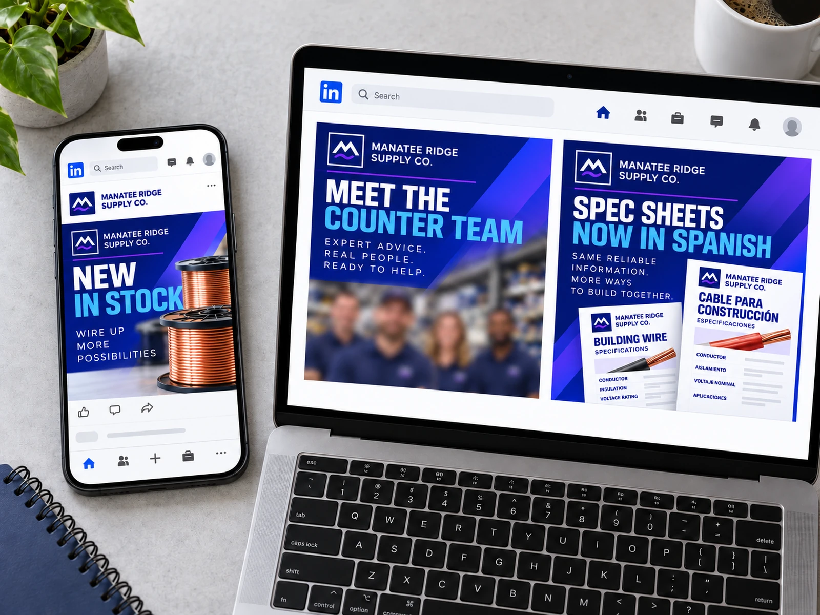 Three Manatee Ridge Supply Co. LinkedIn post designs displayed on a phone and laptop.