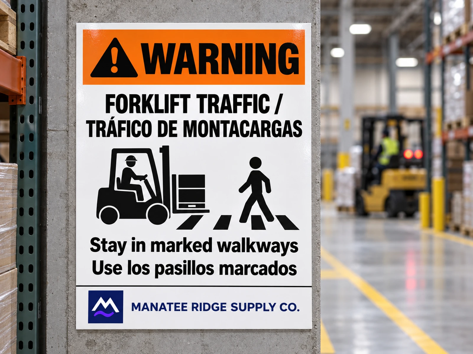 Bilingual forklift traffic poster with a pedestrian pictogram and marked walkway instructions.