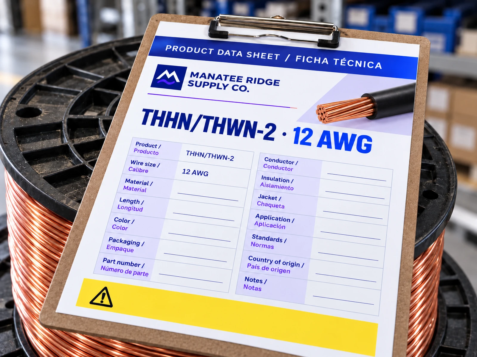 Bilingual THHN/THWN-2 12 AWG data sheet with Manatee Ridge Supply Co. branding on a wire reel.