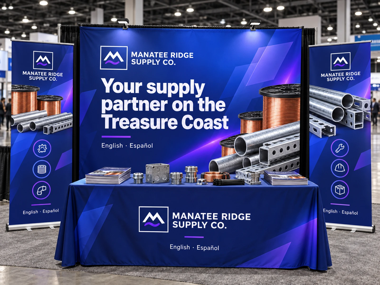 Manatee Ridge Supply Co. trade show booth with a blue backdrop, banners and product samples.